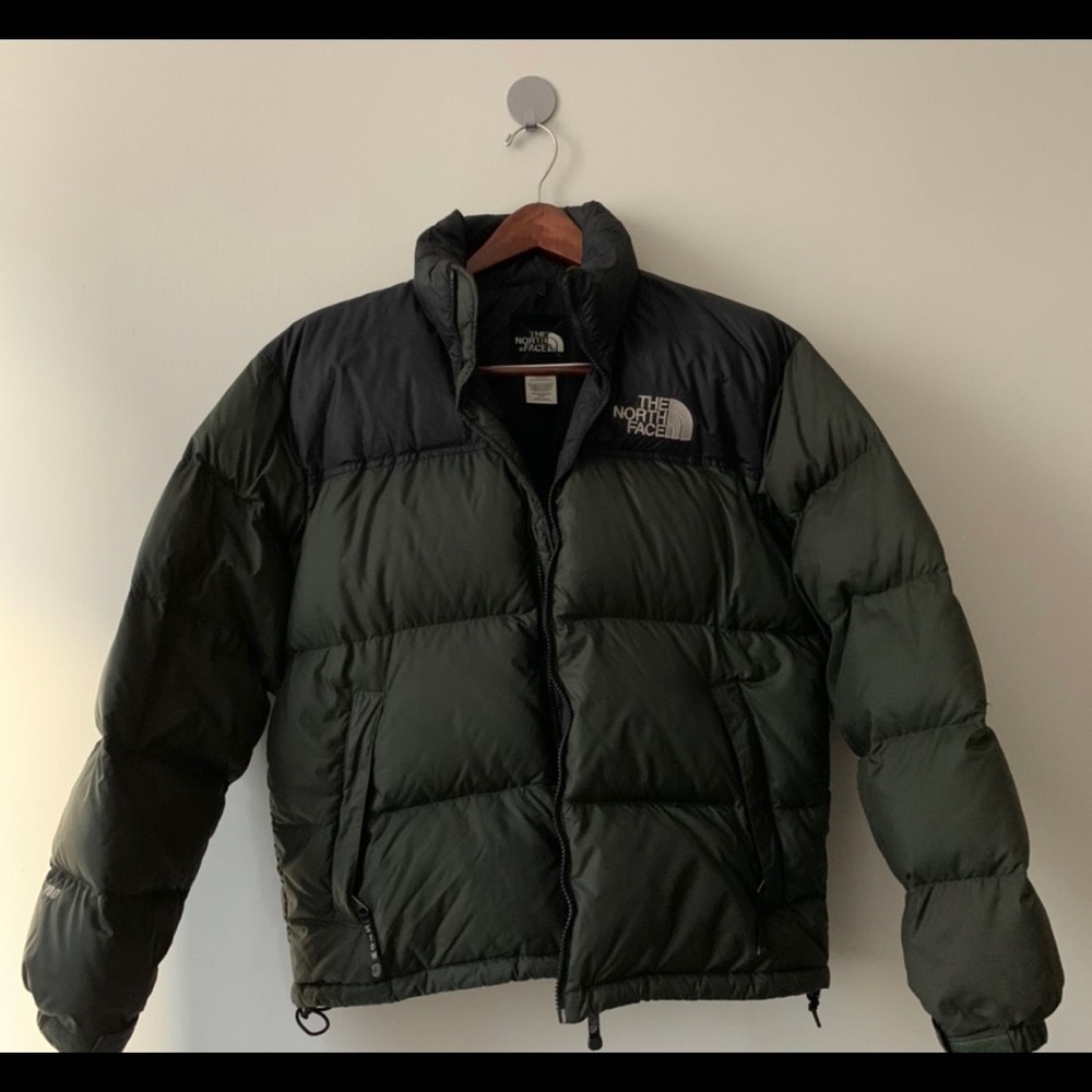 Army green north face puffer coat